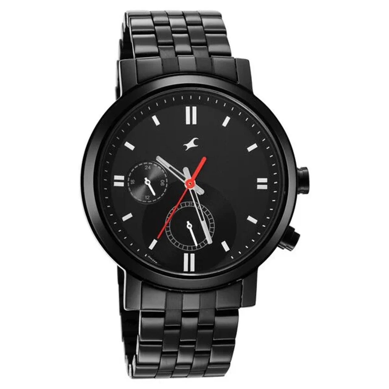 Fastrack Tick Tock Quartz Multifunction Black Dial Metal Strap Watch for Guys (NT3287NM01)