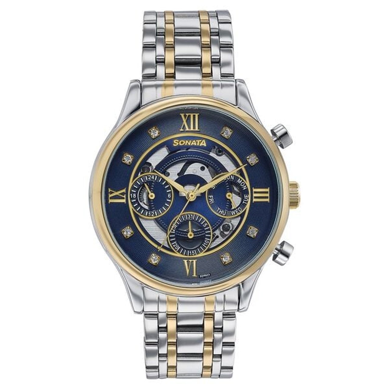 Sonata Wedding Edit Quartz Multifunction Blue Dial Stainless Steel Strap Watch For Men (77146BM01)