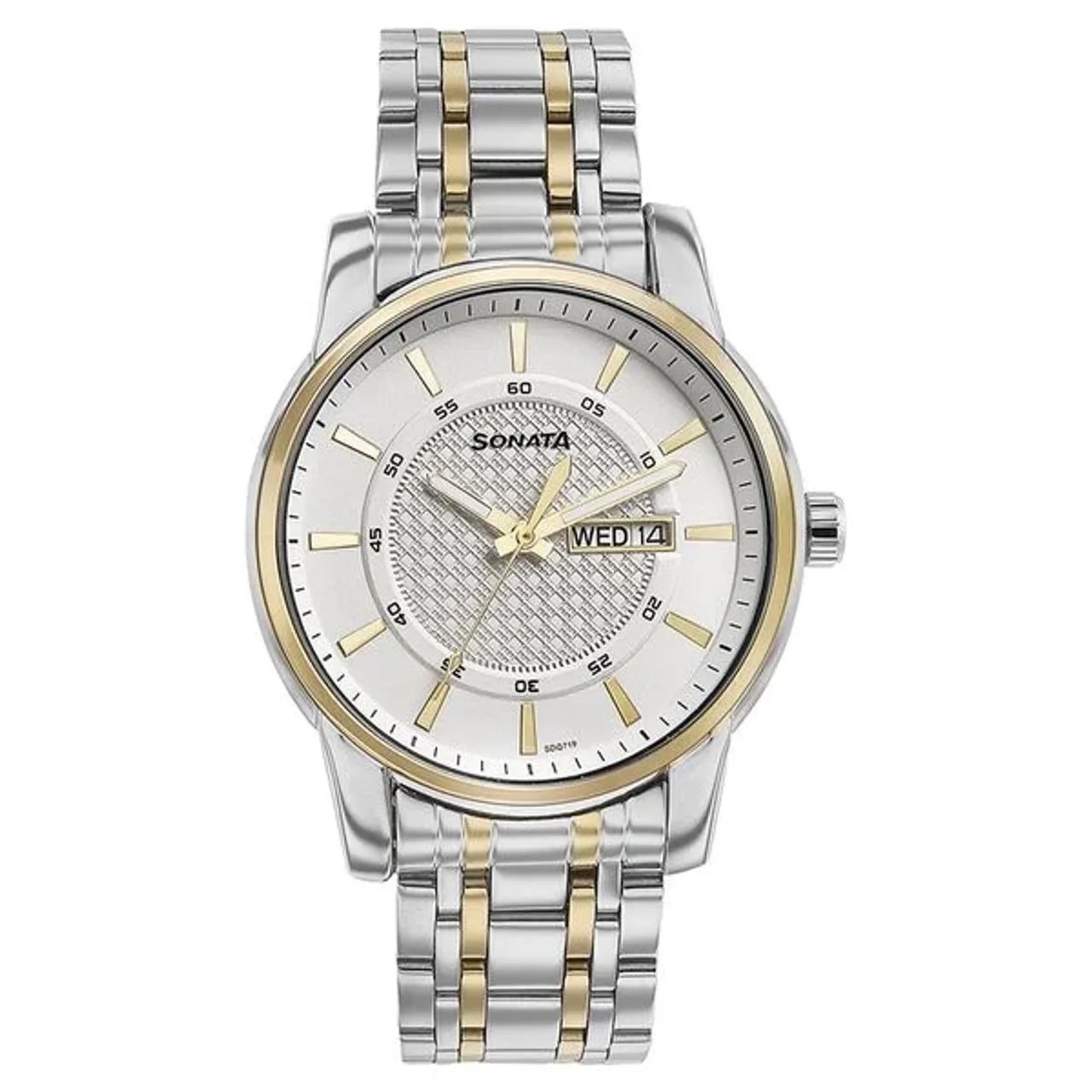 Sonata Quartz Analog with Day and Date White Dial Two Toned Stainless Steel Strap Watch For Men (NT77141BM01)