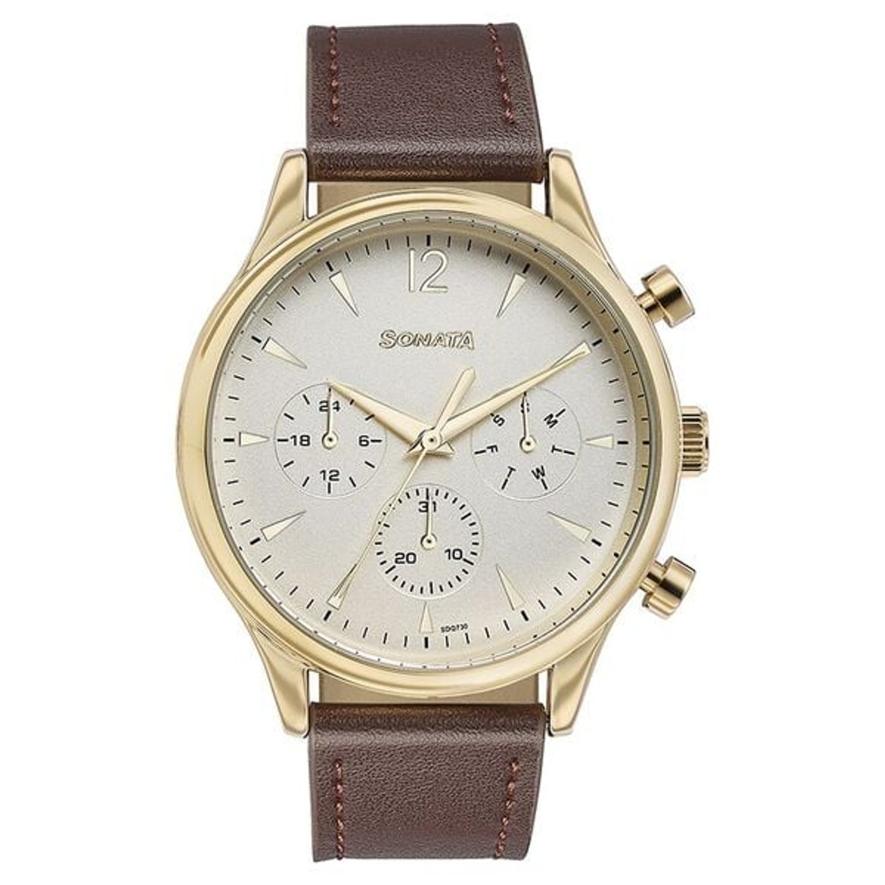 Sonata Quartz Multifunction Golden Dial Brown Leather Strap Watch For Men (NT77146YL01)
