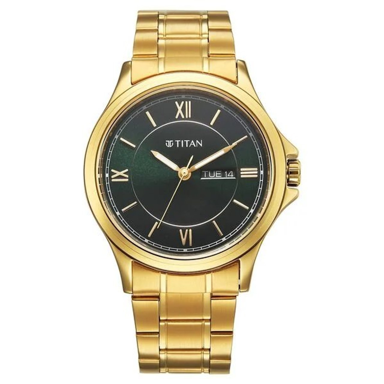 Titan Karishma Quartz Analog with Day and Date Green Dial Golden Stainless Steel Strap Watch For Men (1870YM01)