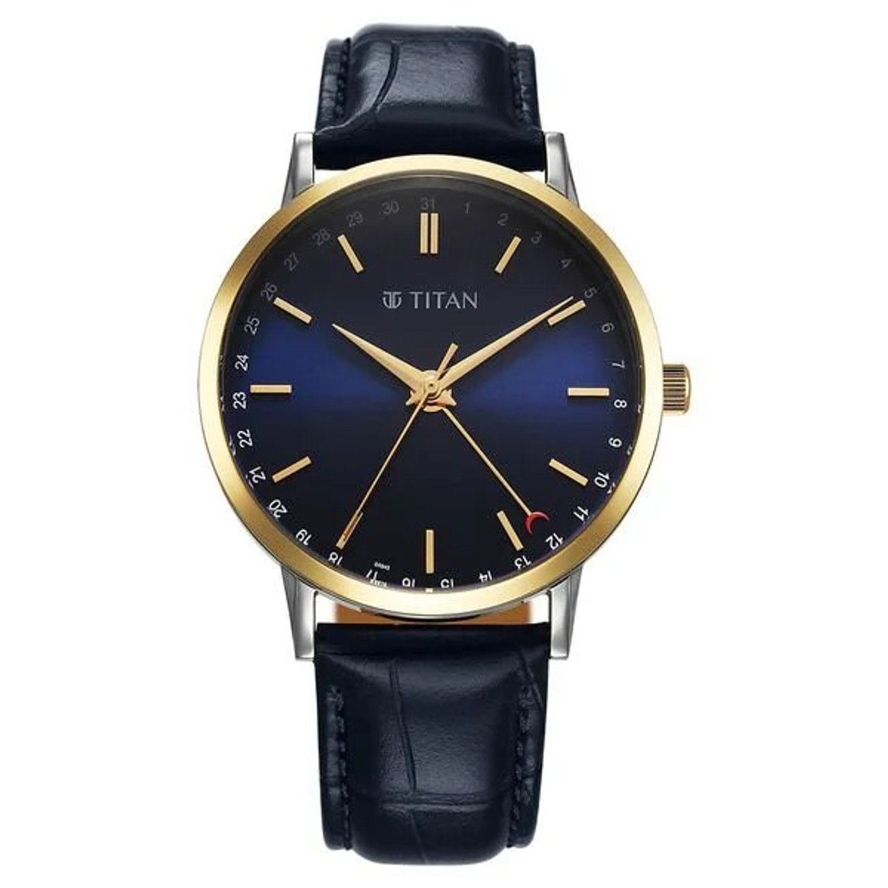 Titan Elegance Analog with Date by Hand and Blue Dial Blue Leather Strap Watch for Men (90202BL01)