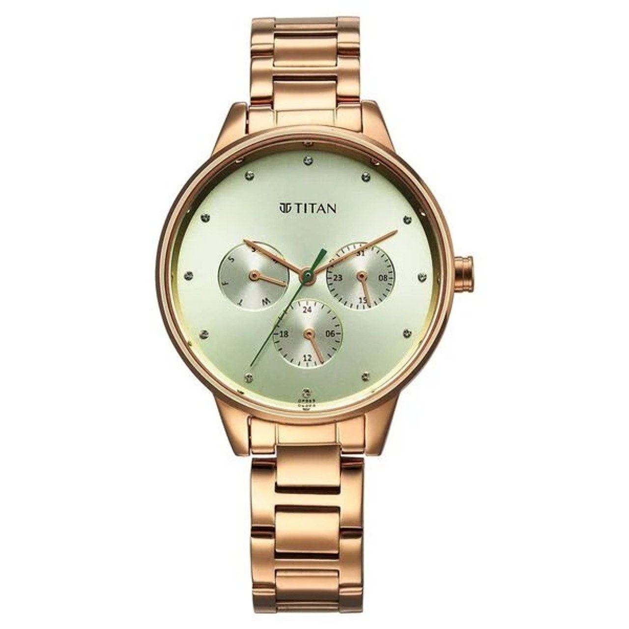 Titan Razzle Dazzle Quartz Analog with Day and Date Green Dial Rose Gold Stainless Steel Strap Watch For Women (2648WM09)
