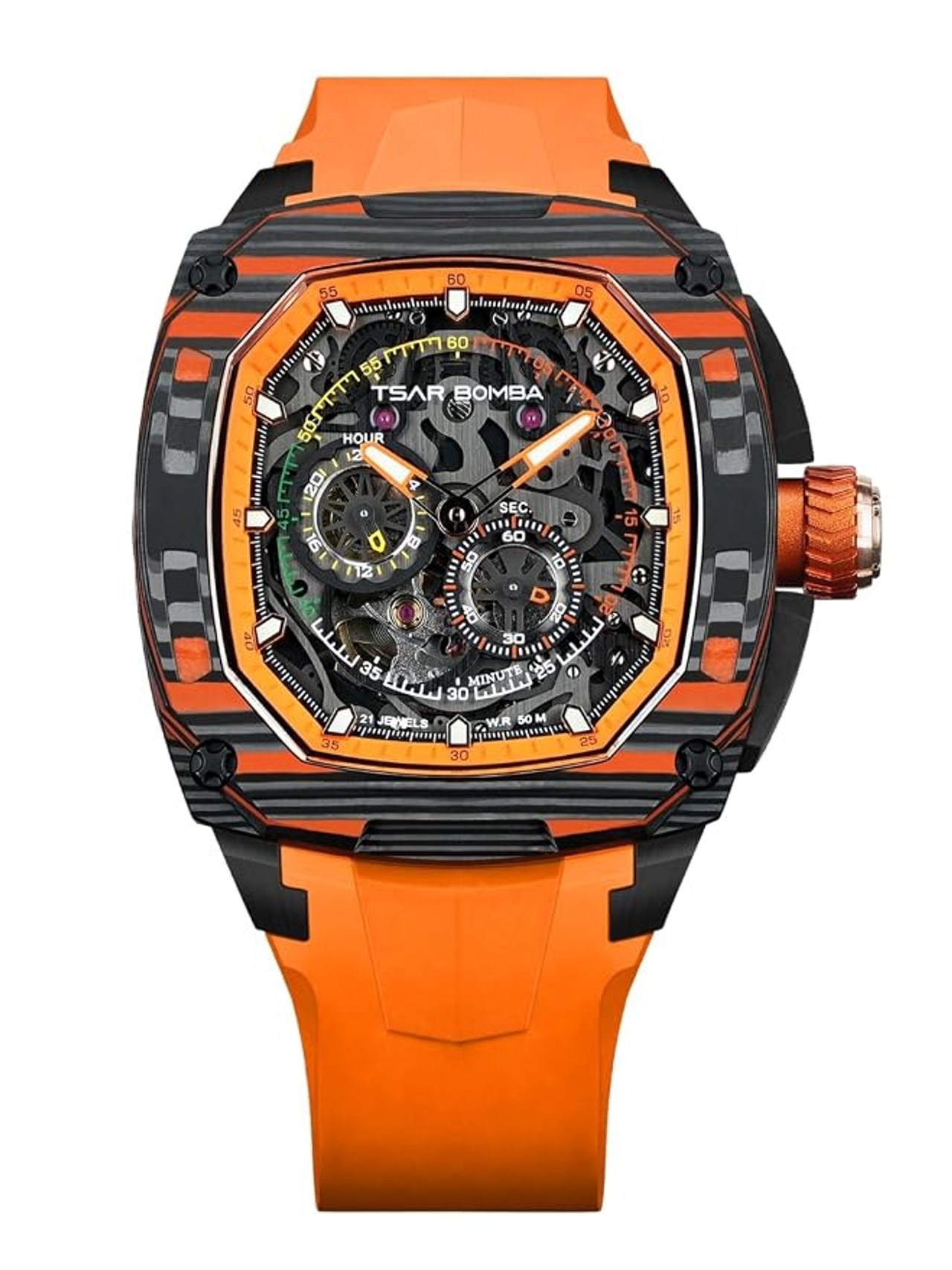 Tsar Bomba Dark Matter Series, Skeleton Dial, Automatic Watch, TB8601-03, Black & Orange