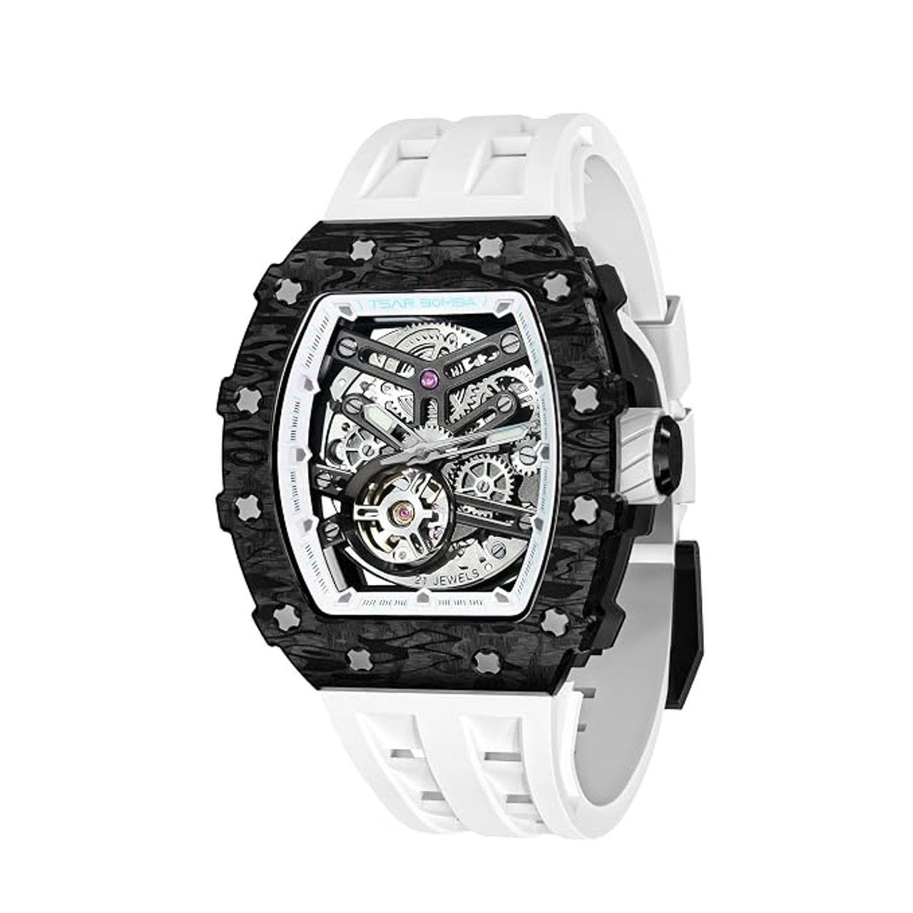 Tsar Bomba Tonneau Luxury, Carbon Fiber Bezel, Skeleton Dial, Automatic Watch, TB8208CF-40, White & Black