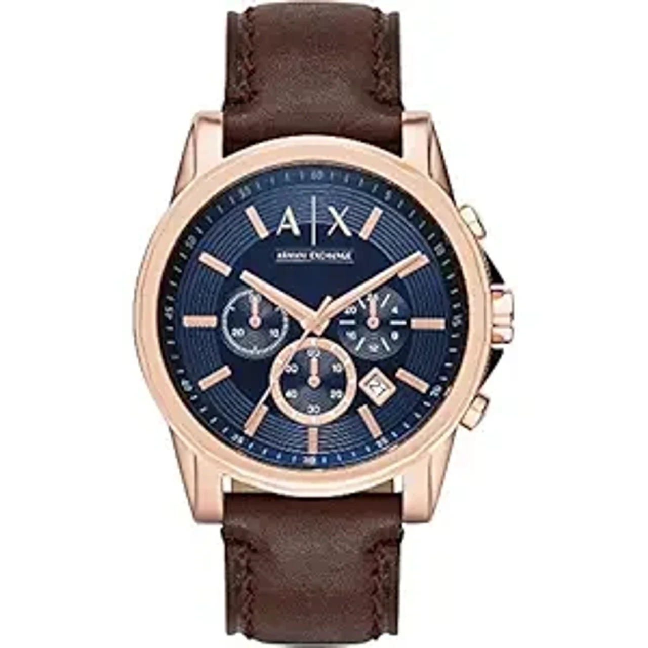 Armani Exchange Leather Outerbanks Analog Blue Dial Men Watch, Brown Band (AX2508)