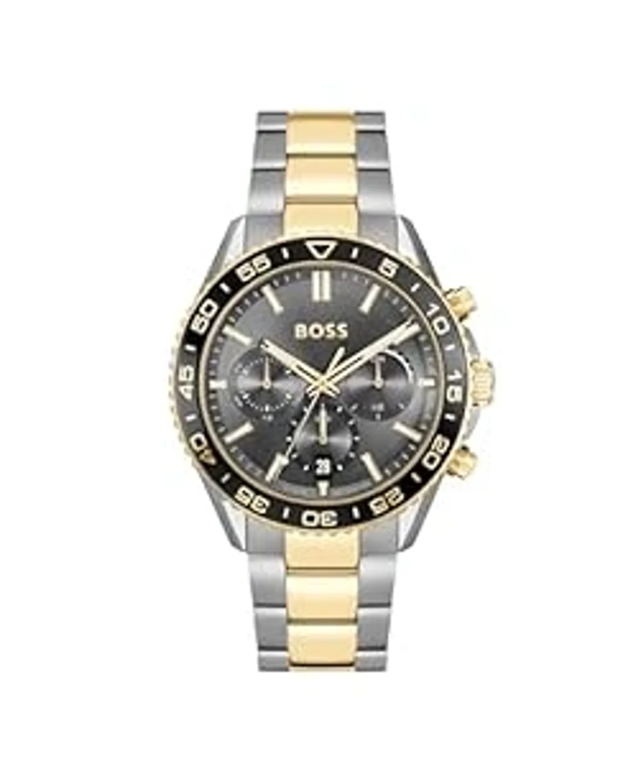 BOSS Runner Qtz Fashion Chrono Grey Round Dial Mens Watch|Stainless Steel & Ionic Plated Thin Gold Steel Material|Gold Color Band - (1514144)