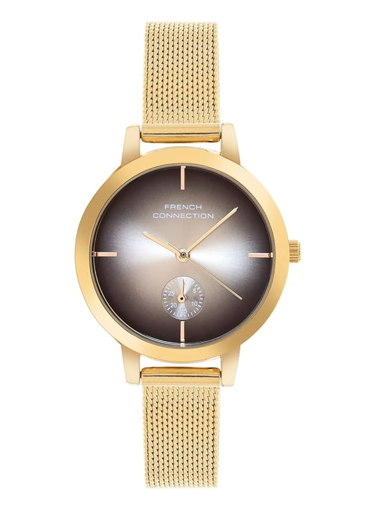 French Connection Dated Yellow Round Dial Stainless Steel Mesh Strap Casual Premium Sunray Feature Wrist Watch For Women - FCB8GM