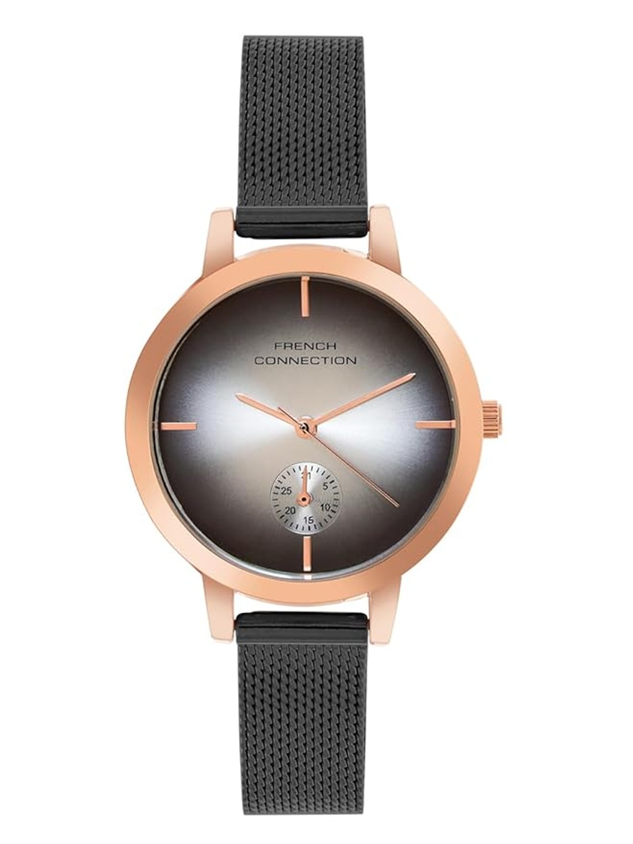 French Connection Dated Black Round Dial Stainless Steel Mesh Strap Casual Premium Sunray Feature Wrist Watch For Women - FCB8BM