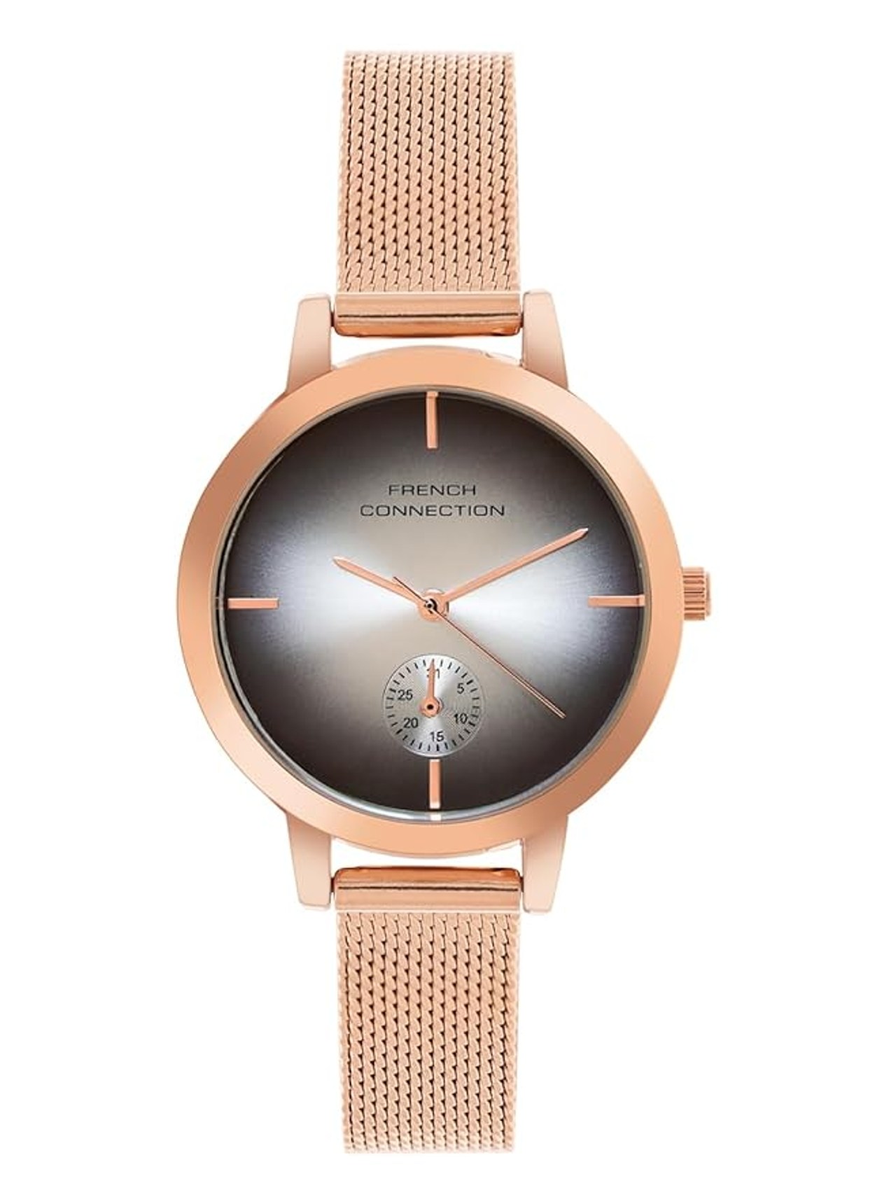 French Connection Dated Brown Round Dial Stainless Steel Mesh Strap Casual Premium Sunray Feature Wrist Watch For Women - FCB8RGM