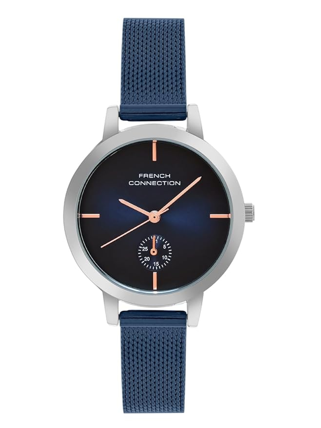 French Connection Dated Blue Oval Dial Stainless Steel Mesh Strap Casual Premium Sunray Feature Wrist Watch For Women - FCB8UM