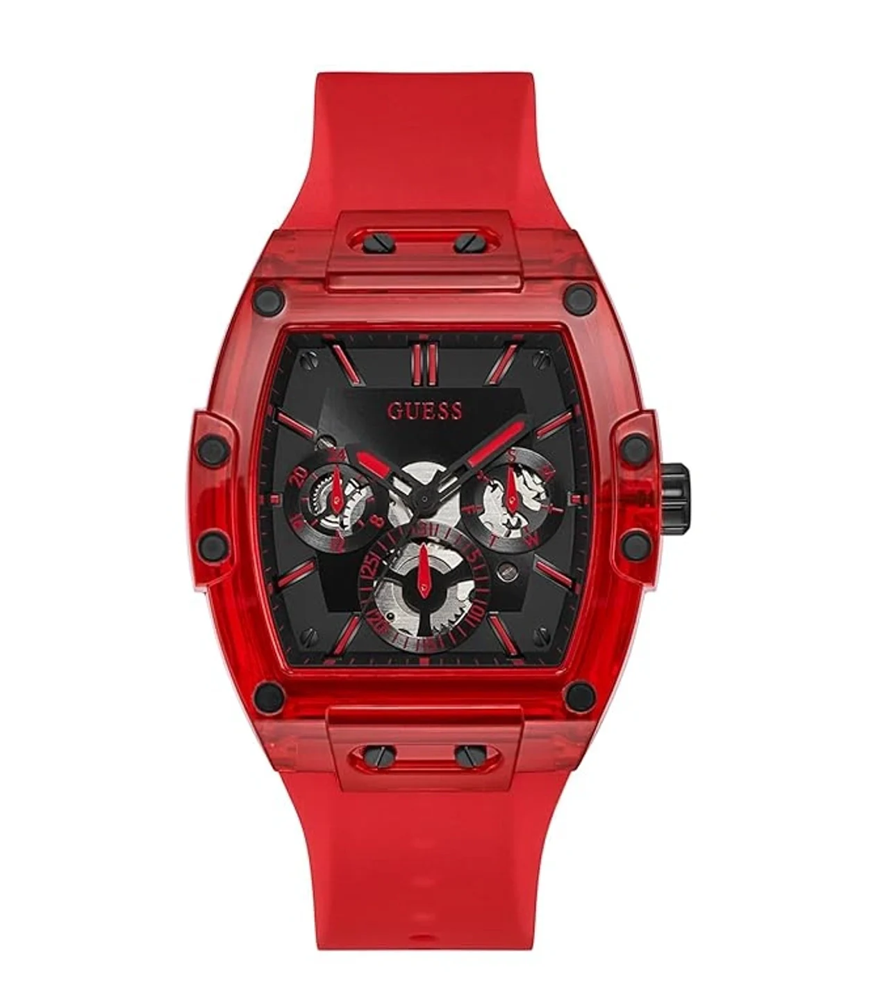 Guess Silicone Analog Black Dial Mens Watch, Red Band (GW0203G5)