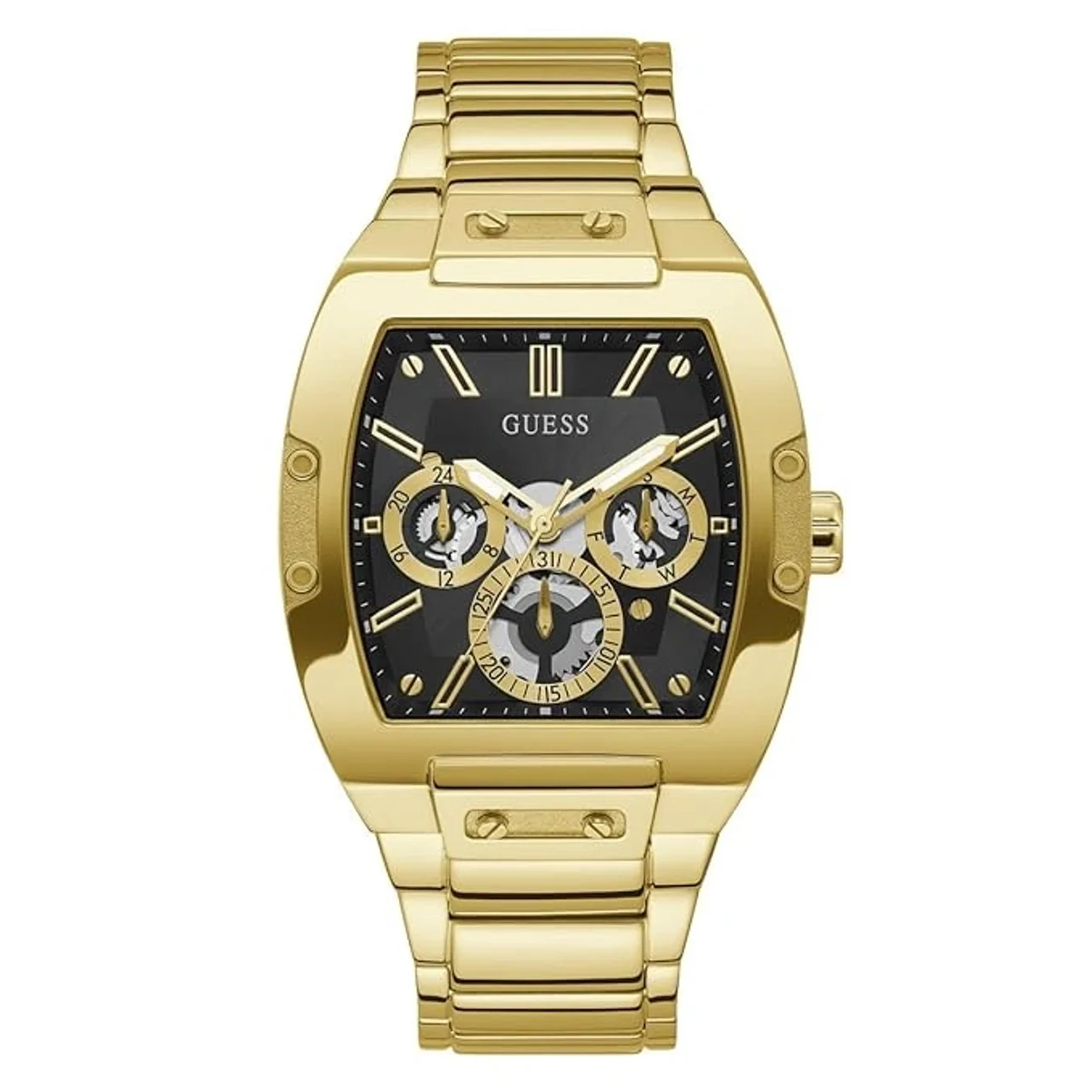 Guess Stainless Steel Phoenix Collection Analog Black Dial Men Watch, Gold Band (GW0456G1)