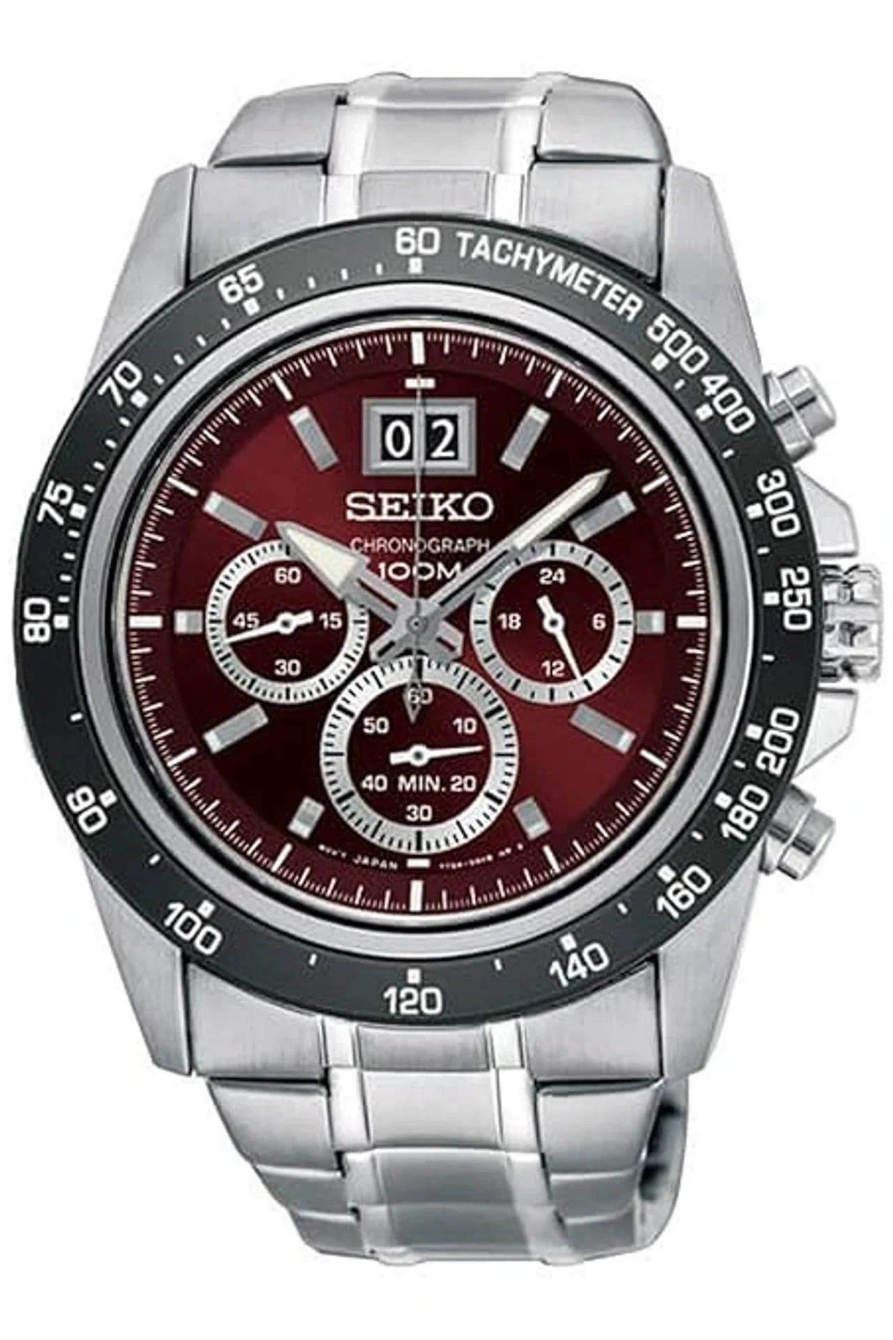 Seiko Mens Silver Stainless Steel Bracelet with Red Analogue Dial Quartz Movement (SPC243P1)