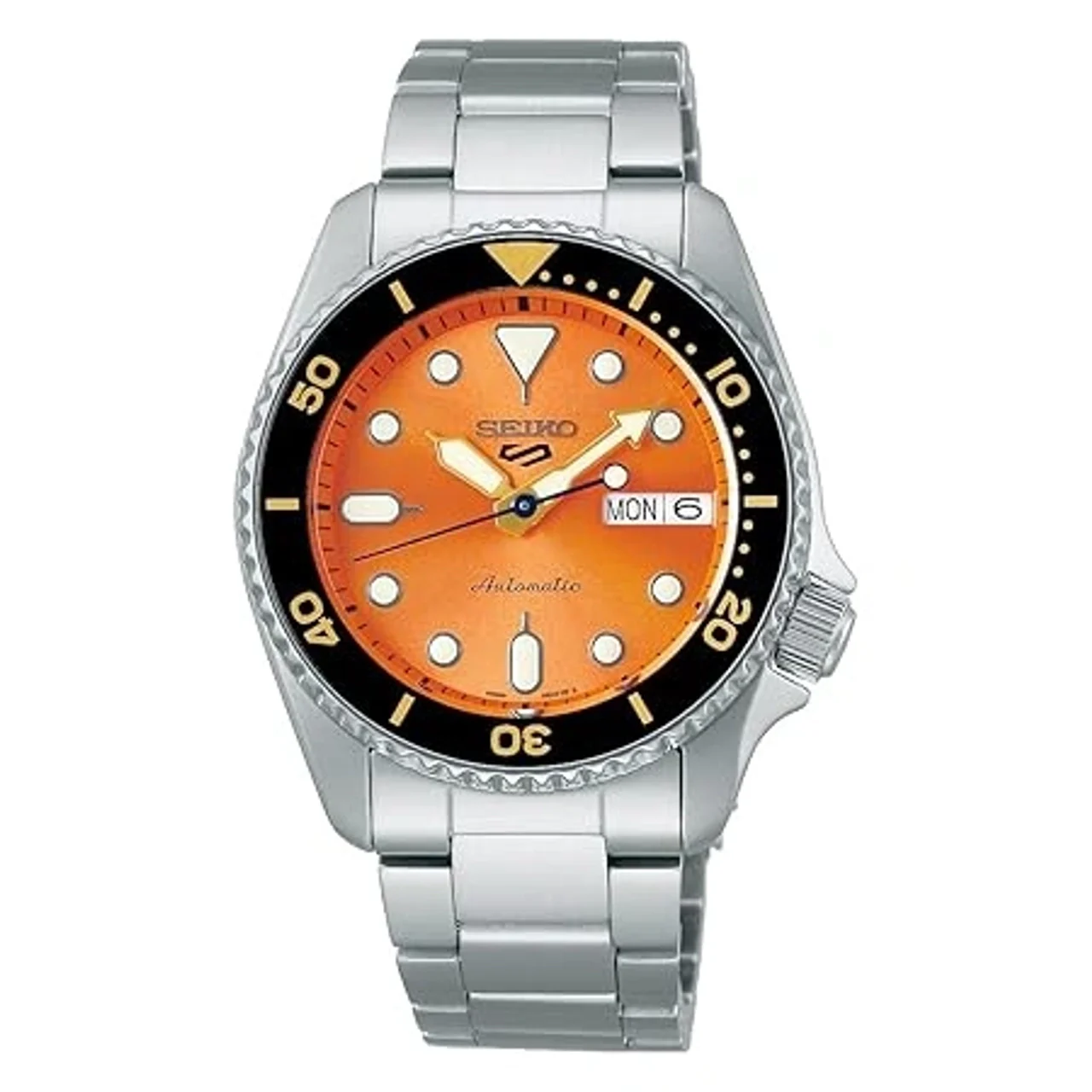 Seiko Stainless Steel Analogue Orange Dial Men Watch, Band Color- Silver (SRPK35K1)