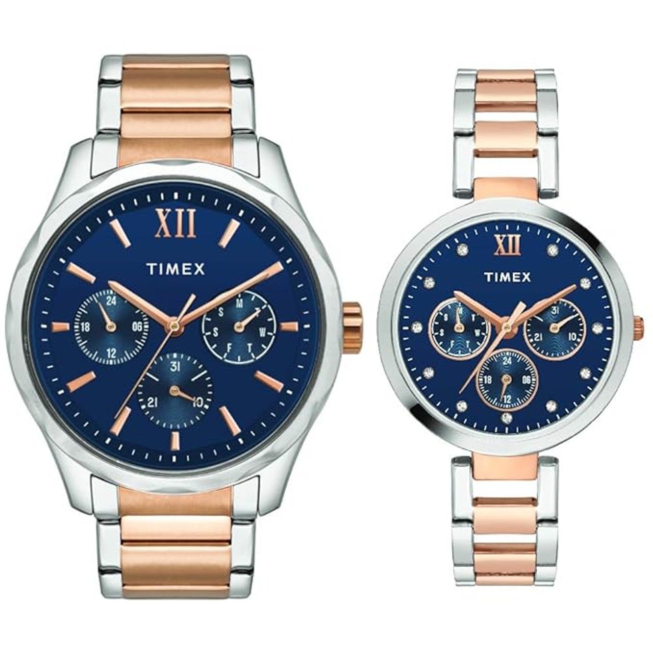 Timex Unisex Pairs Round Multicolor Dial Analog Watch, Band Two Tone, Blue (TW00PR267)