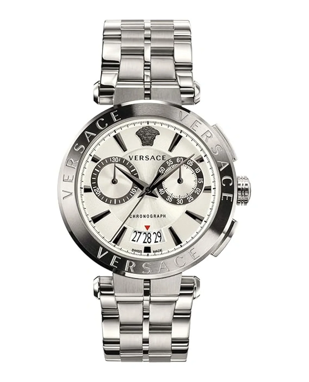 Versace Manifesto Swiss Silver-Toned Stainless Steel Quartz Movement Analogue White Dial Casual Mens Watch (VBR040017)