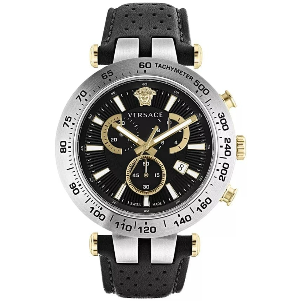 Versace Men's Swiss Chronograph Bold Black Perforated Leather Strap Watch (VEJB00222)