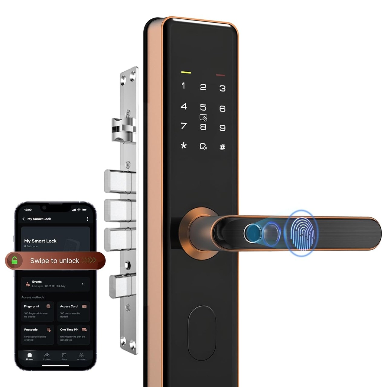 Qubo Smart Door Lock, 7-Way Unlocking, Fingerprint - Copper