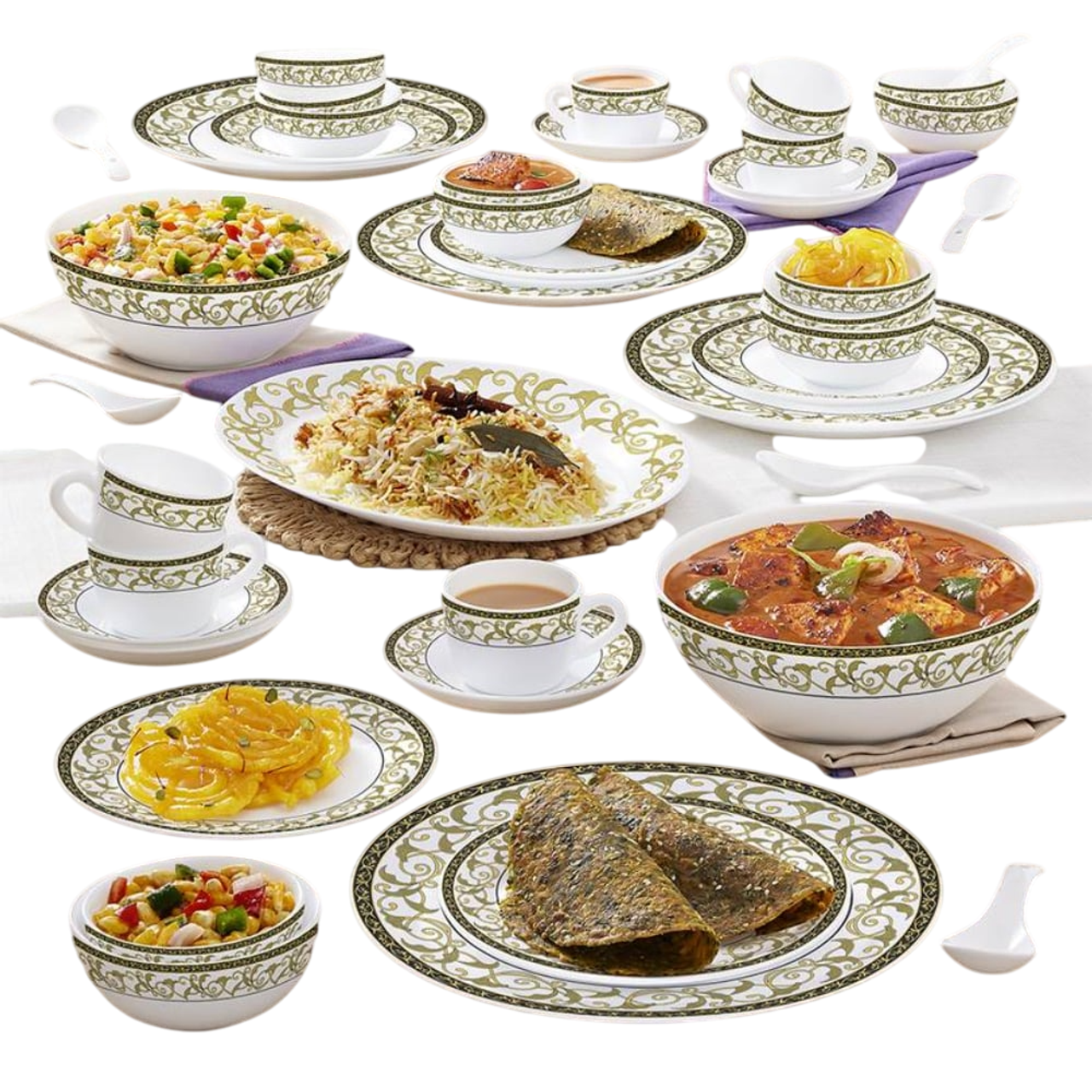 Borosil Larah Kohinoor Royale 45-Piece Opalware Dinner Set, Microwave & Dishwasher Safe, Elegant Design