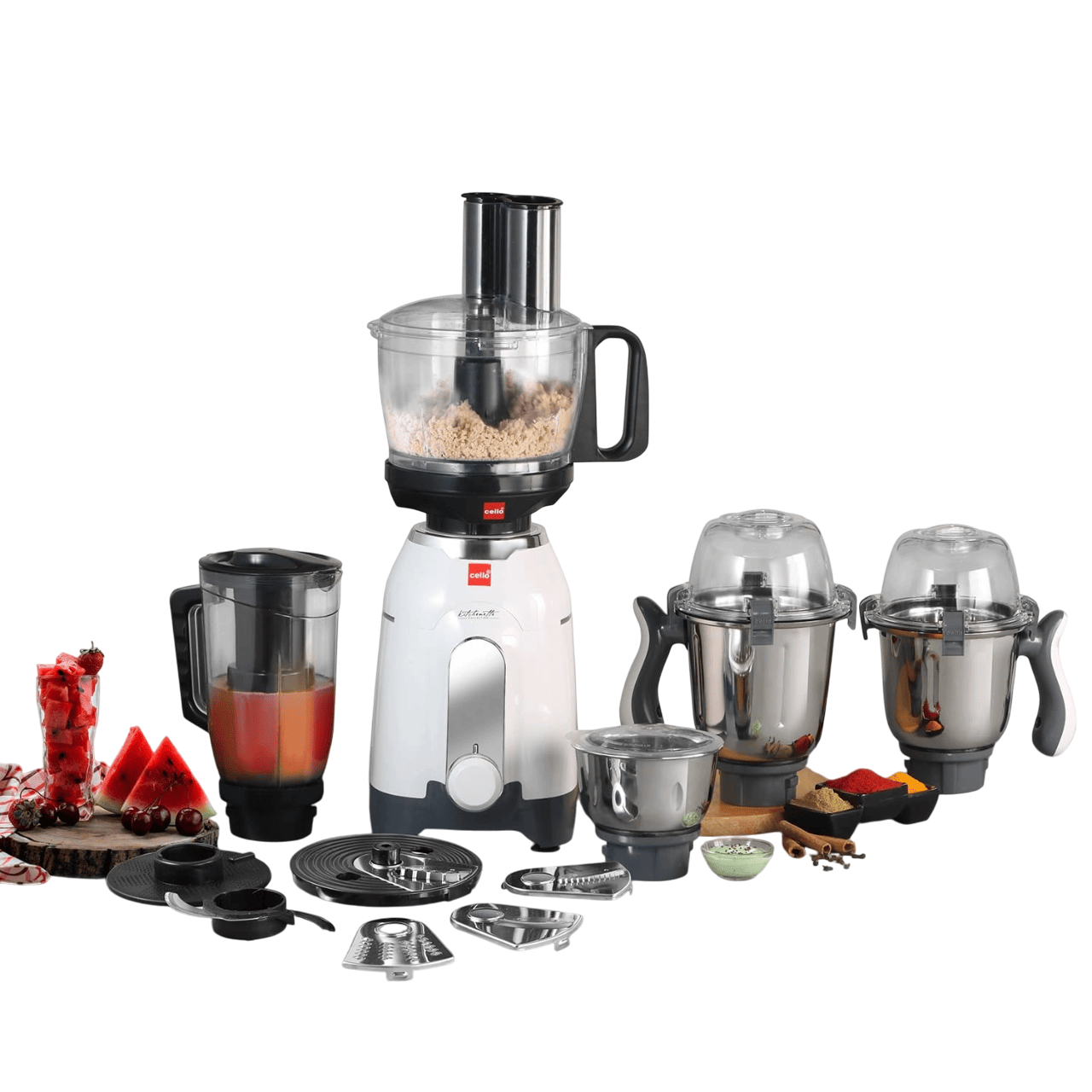 Cello Mixer Grinder 750W 5 Jars Whipper Disc White (Discovery Chef)