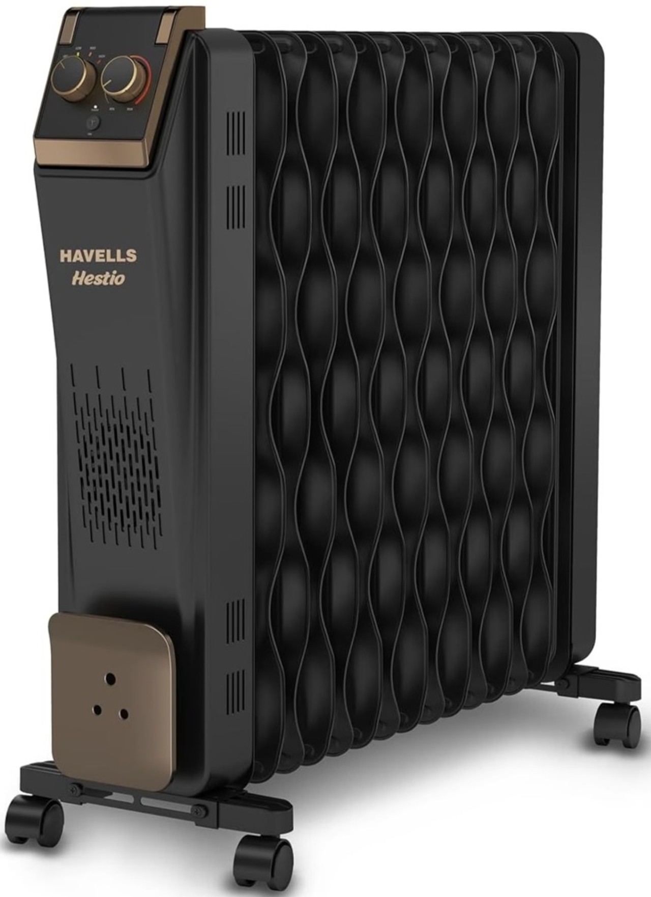 Havells Hestio 15-Fin Oil Filled Radiator Room Heater 2900W with PTC Fan, 3 Heat Settings, Inclined Control Panel, Retractable Wheels, Black