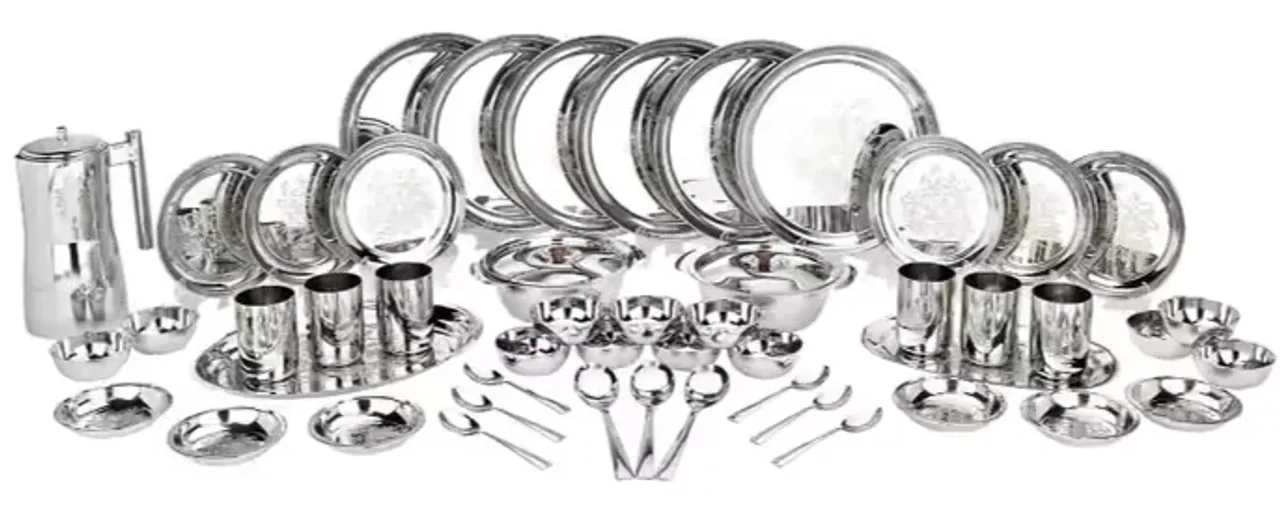 Vinod Stainless Steel Dinner Set 50 Pieces Laser Design Mirror Finish