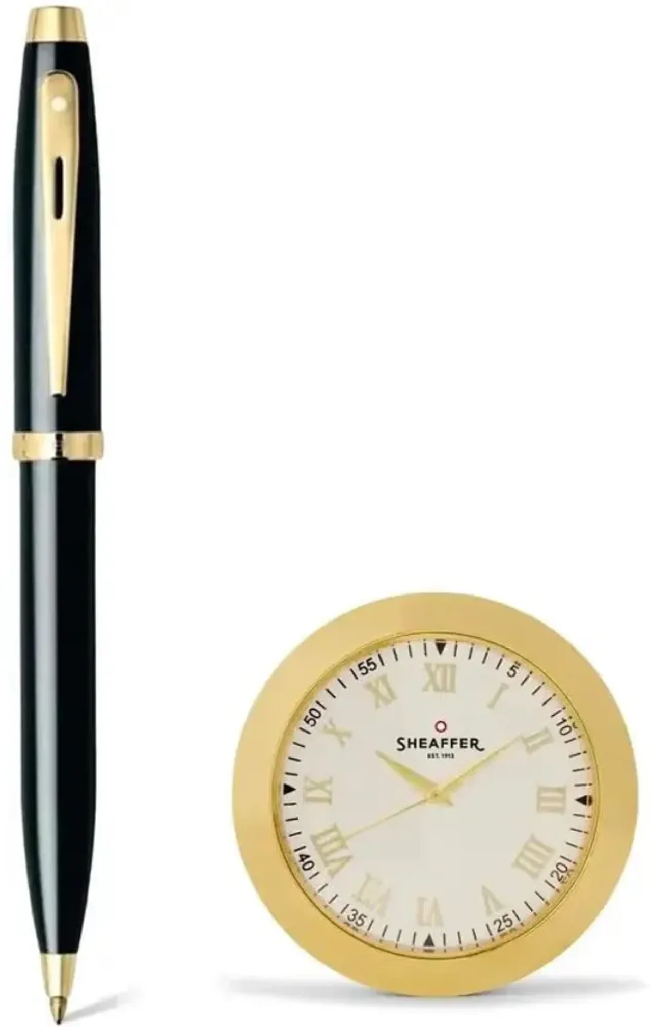 Sheaffer Gift 100 - G9322 Glossy Black Ball Pen With Table Clock Combo - Premium Pen Gift Set (Ink Color - Black)