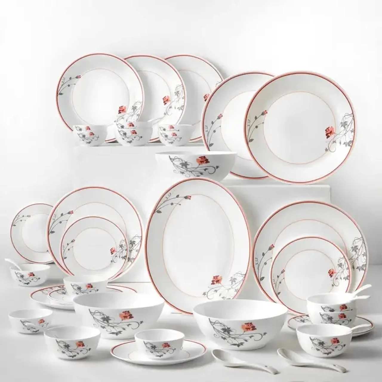 Borosil Pack of 44 Opalware Bone ash free Kohinoor Dinner Set  (Maroon, White, Microwave Safe)