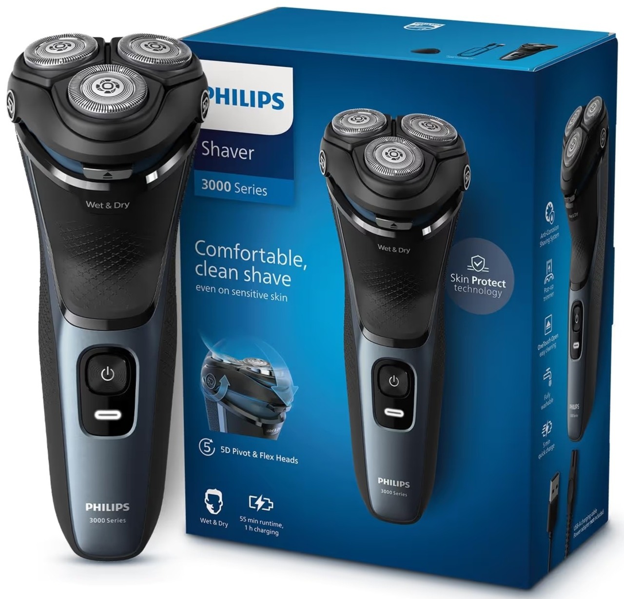 Philips Electric Shaver for Men Skin Protect Technology Wet and Dry Shave 5D Floating Heads Cordless Waterproof (S3144/03)