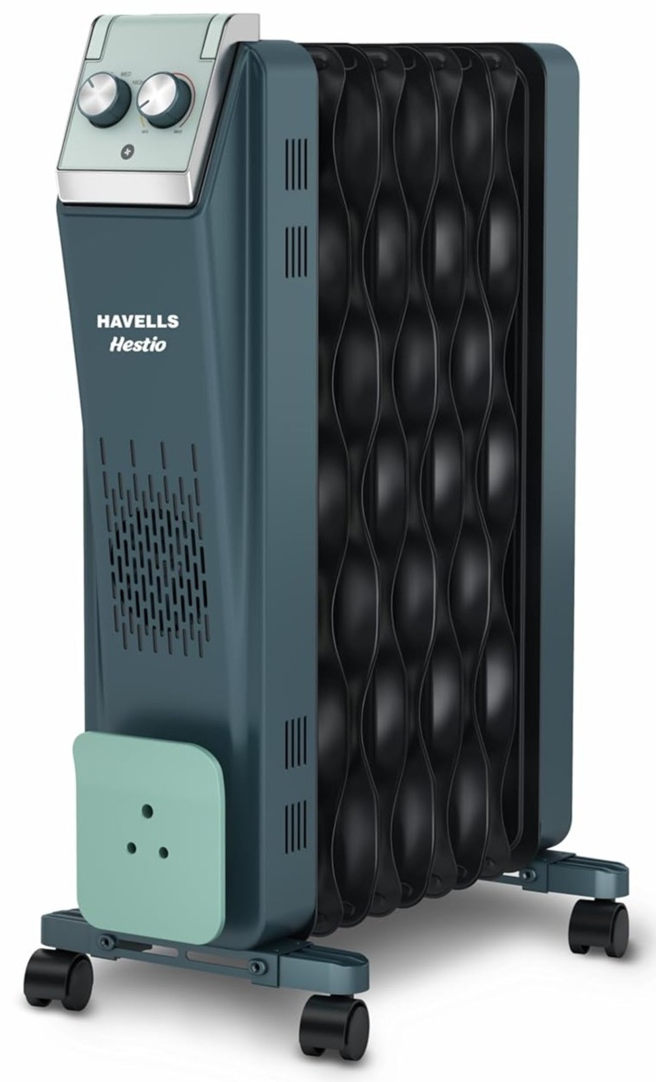 Havells Hestio 9-Fin Oil Filled Room Heater 2400W with PTC Heater, 3 Heat Settings, Blue & Black