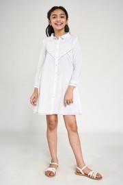 White Self Design Embroidered Shirt Style Dress