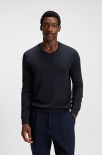 V-neck sweater in virgin wool with embroidered logo