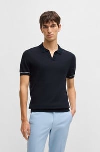 Cotton-blend knit sweater with Johnny collar
