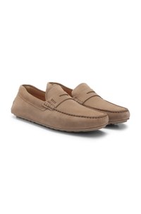Portuguese-crafted moccasin loafers in suede with penny trim