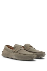 Portuguese-crafted moccasin loafers in suede with penny trim