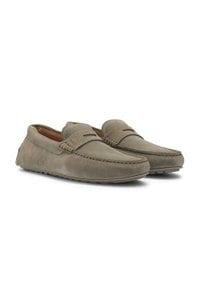 Portuguese-crafted moccasin loafers in suede with penny trim