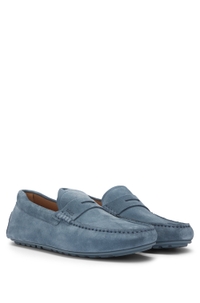 Portuguese-crafted moccasin loafers in suede with penny trim