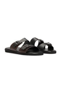 Buckled slides with twin faux-leather straps