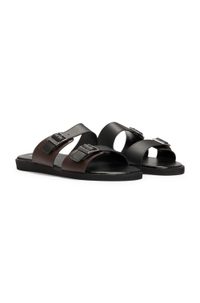 Buckled slides with twin faux-leather straps