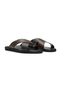 Faux-leather slides with two-tone straps