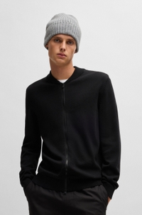 Knitted-cotton bomber-style cardigan with red logo label