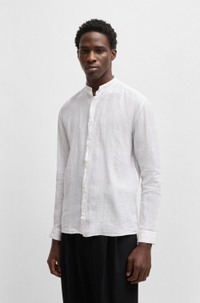 Slim-fit linen shirt with stand collar