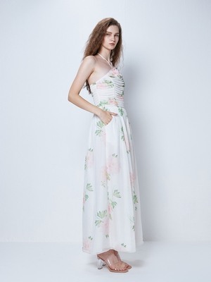 Halter V Neck Floral Chiffon Midi Dress