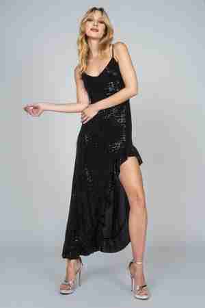 8542 Black-Copper Shimmer Slit Dress