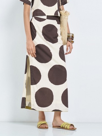 Brown Polka Dot Print Straight Maxi Skirt with Slits