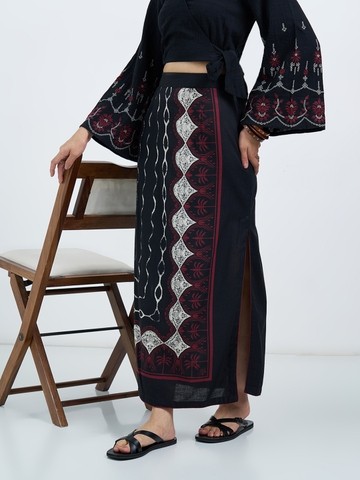 Black Ethnic Print Maxi Straight Skirt with Side Slit