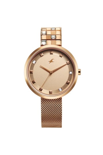 Fleek 35 mm Analogue Quartz Watch For Girls - Pink Dial with Rose Gold Stainless Steel Strap (NT6300WM01)