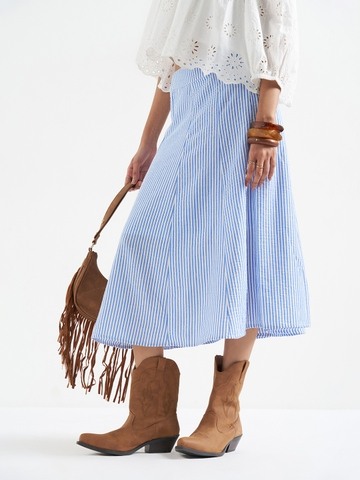 Blue Striped Seersucker A-Line Panelled Midi Skirt