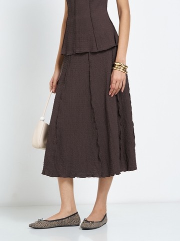 Brown Textured Panelled A-Line Midi Skirt